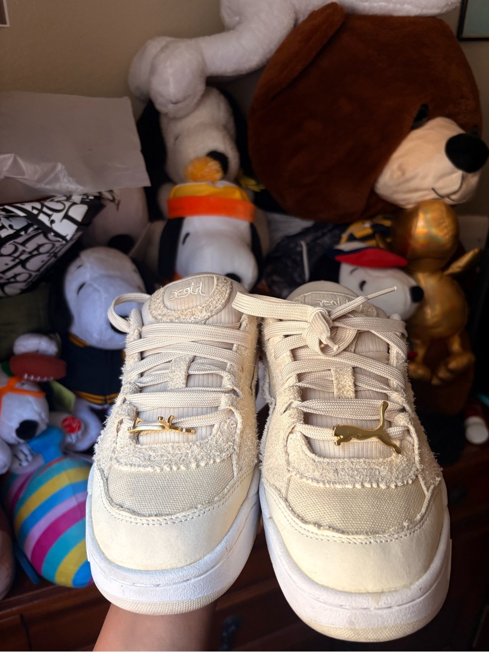 Puma Cream Low-Top Suede & Canvas Sneakers with Gold Logo